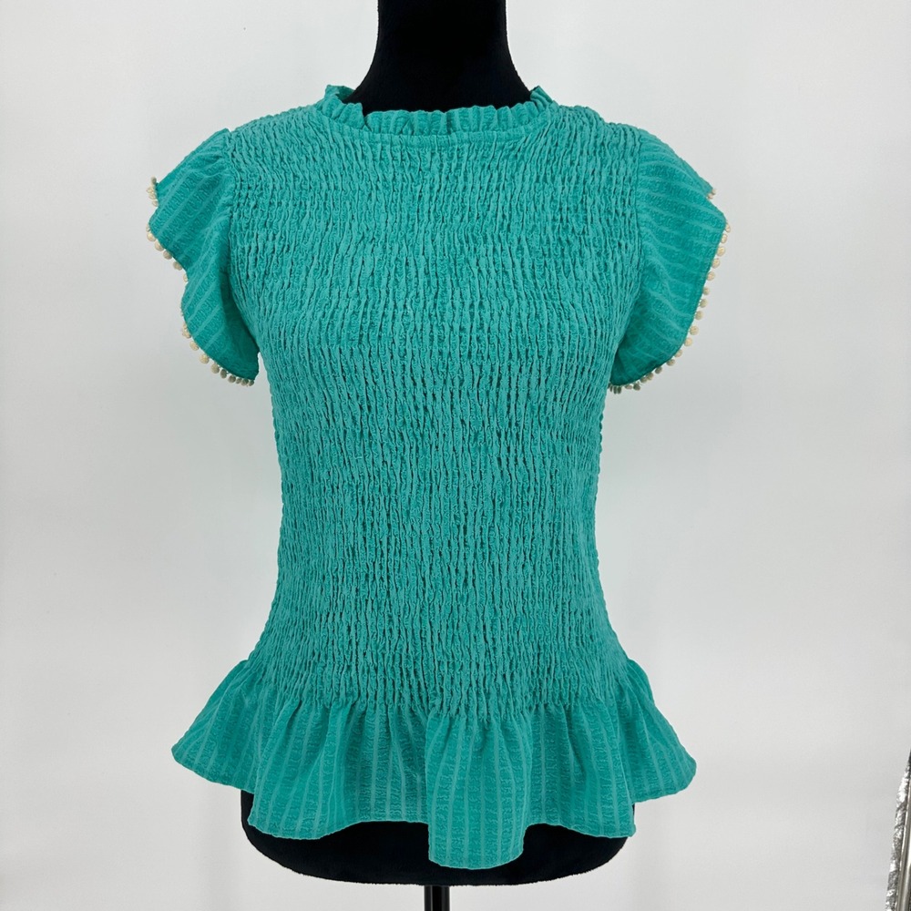 THML Anthropologie Womens Pom Pom Ruffle Sleeve Blouse Pintuck Turquoise Sz M